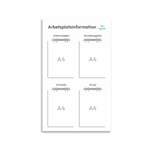 Informationsskylt för arbetsplatsen i storlek 550 x 900 mm med fyra stycken A4-hållare ringpärmsmekanismer. Rubriken är arbetsplatsinformation och överst till höger finns plats för företagslogotyp. Varje A4 sektion har en egen underrubrik.