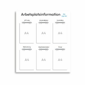 Informationsskylt för arbetsplatsen i storlek 800 x 900 mm med sex stycken A4-hållare ringpärmsmekanismer. Rubriken är arbetsplatsinformation och överst till höger finns plats för företagslogotyp. Varje A4 sektion har en egen underrubrik.