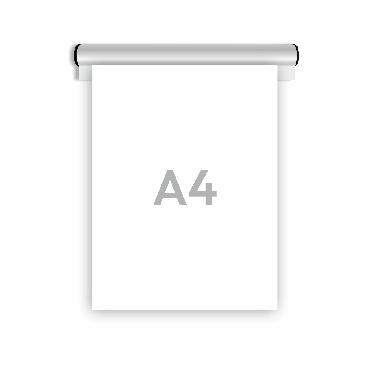 En dokumenthållarskena i välvd form i aluminium i storlek 240 mm med svarta ändstycken, med ett styck A4 dokument fastsatt i