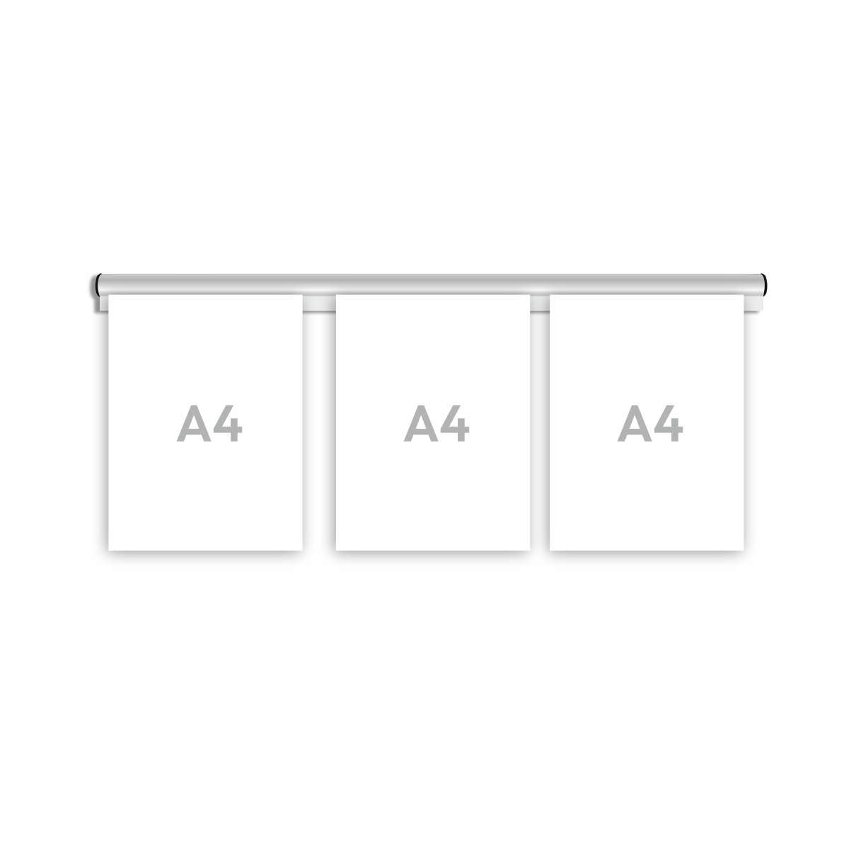 En dokumenthållarskena i välvd form i aluminium i storlek 720 mm med svarta ändstycken, med tre stycken A4 dokument fastsatt i