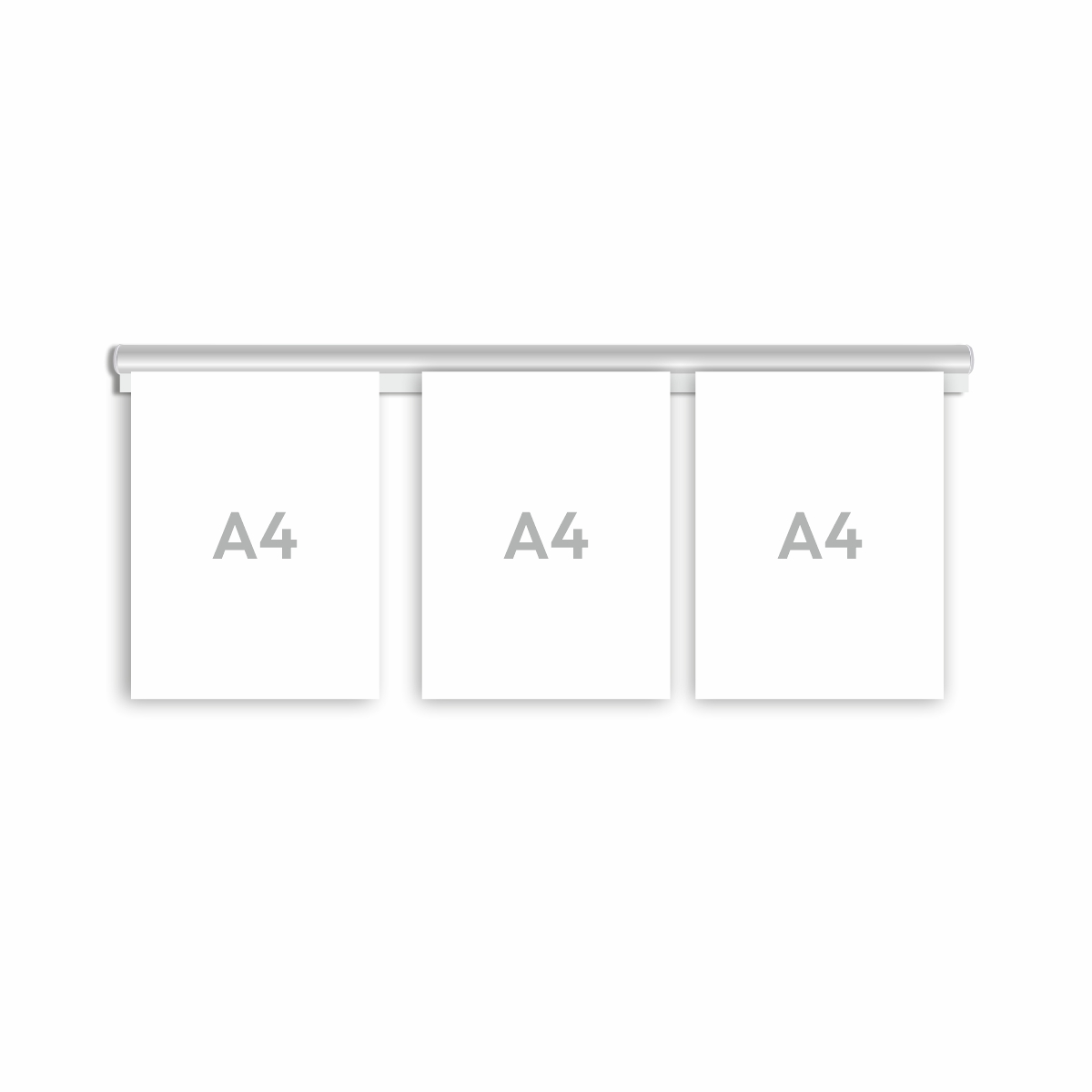 En dokumenthållarskena i välvd form i aluminium i storlek 720 mm med grå ändstycken, med tre stycken A4 dokument fastsatt i