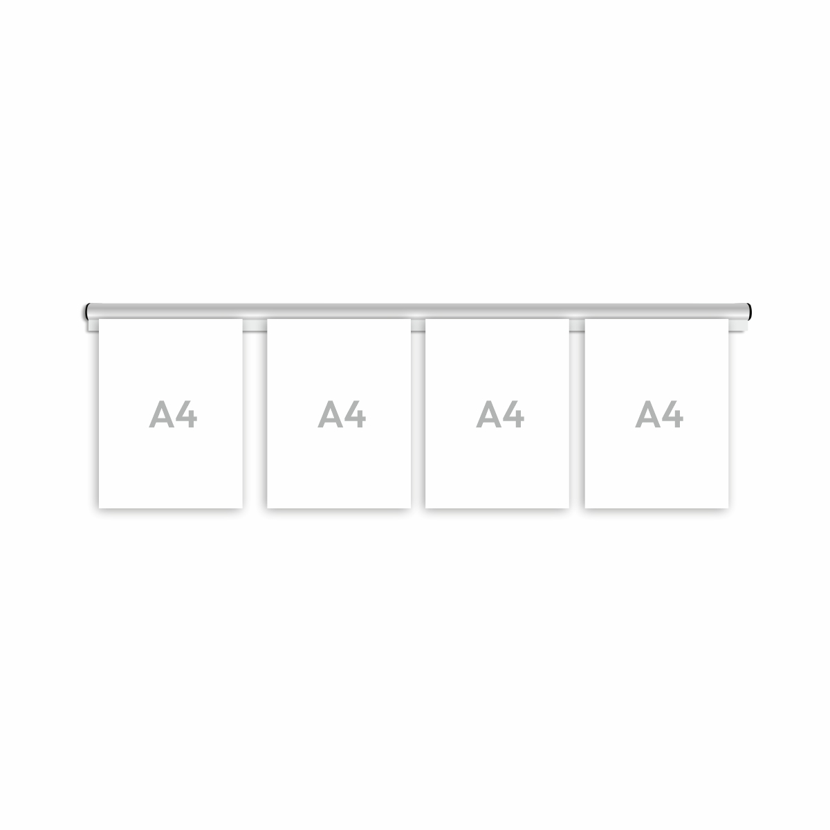 En dokumenthållarskena i välvd form i aluminium i storlek 960 mm med svarta ändstycken, med fyra stycken A4 dokument fastsatt i