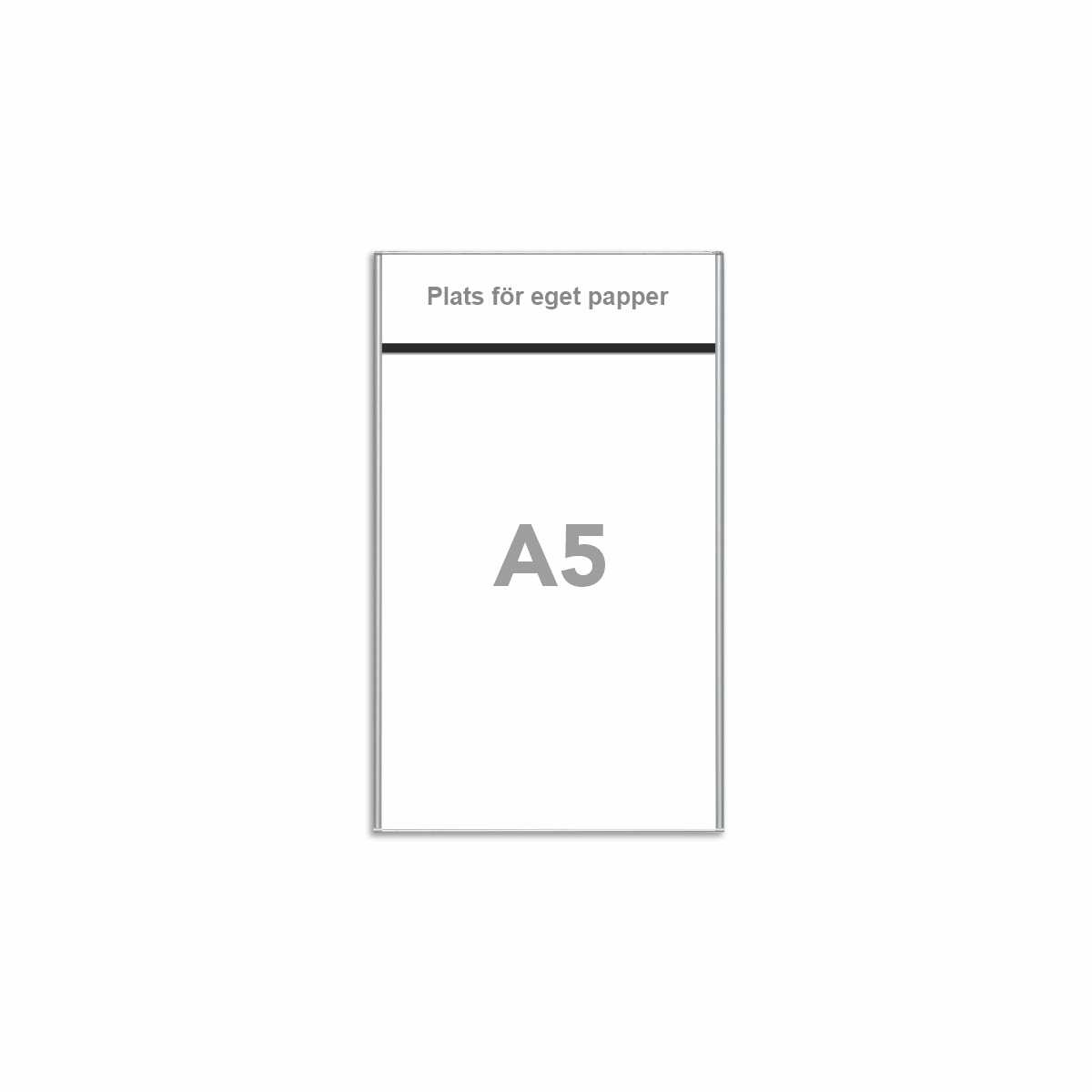 Dokumenthållare med supertunn aluminiumram i A5-format med en 40 mm rubriklist överst, med en svart avdelare under