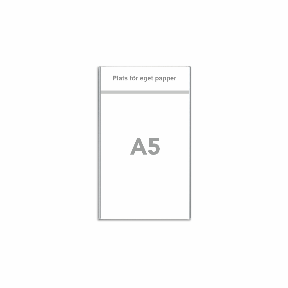 Dokumenthållare med supertunn aluminiumram i A5-format med en 40 mm rubriklist överst, med en grå avdelare under