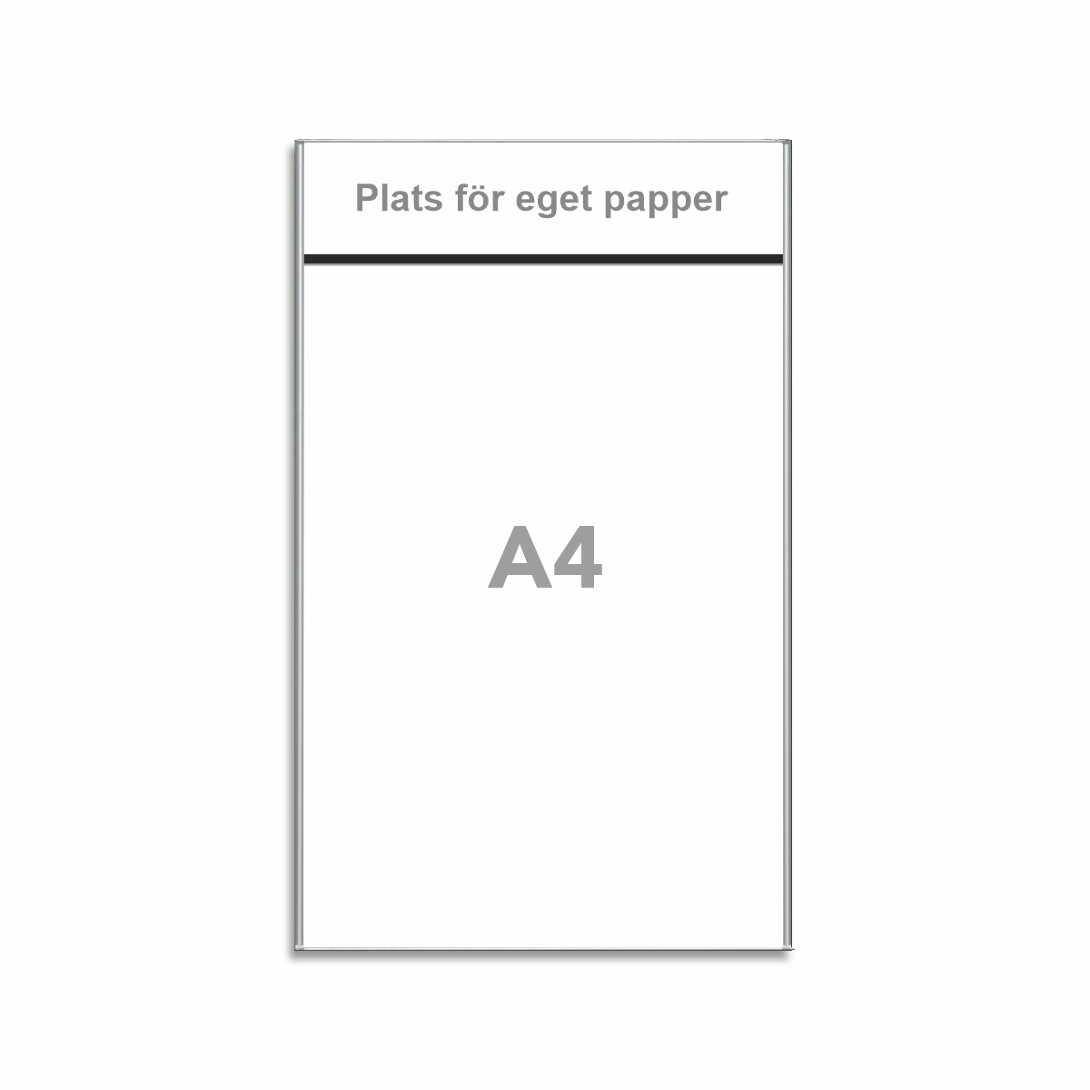 Dokumenthållare med supertunn aluminiumram i A4-format med en 50 mm rubriklist överst, med en svart avdelare under