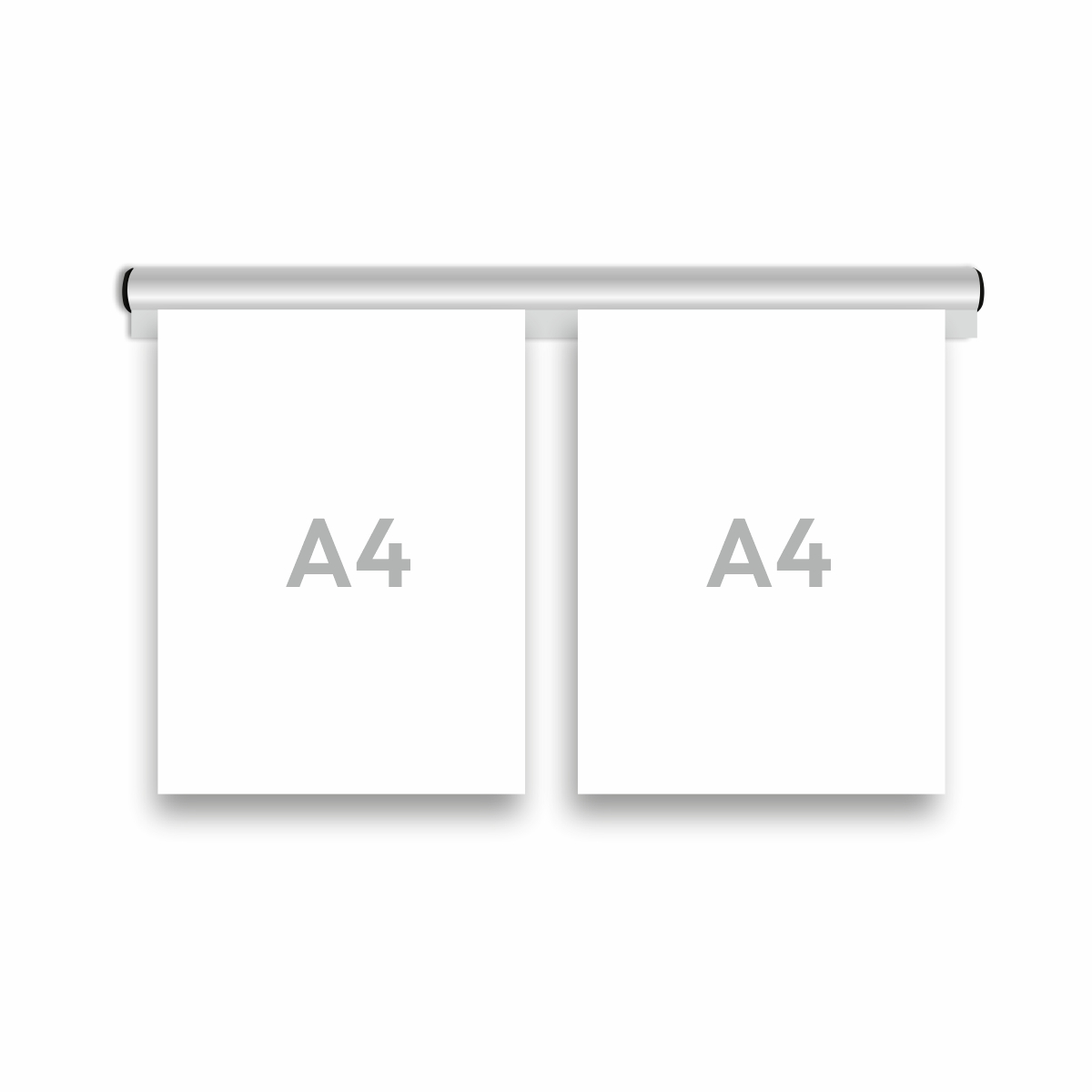 En dokumenthållarskena i välvd form i aluminium i storlek 480 mm med svarta ändstycken, med två stycken A4 dokument fastsatt i