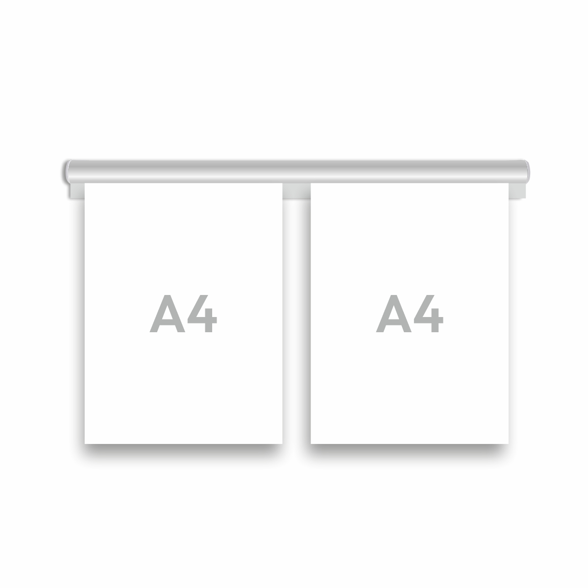 En dokumenthållarskena i välvd form i aluminium i storlek 480 mm med grå ändstycken, med två stycken A4 dokument fastsatt i