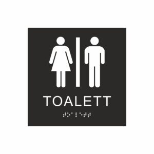 Svart och vit toalett­skylt med piktogram av en kvinna och en man separerade av ett vertikalt streck, texten toalett står under symbolerna och punktskrift längst ned