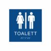 Blå och vit toalett­skylt med piktogram av en kvinna och en man separerade av ett vertikalt streck, texten toalett står under symbolerna och punktskrift längst ned