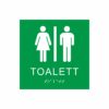 Grön och vit toalett­skylt med piktogram av en kvinna och en man separerade av ett vertikalt streck, texten toalett står under symbolerna och punktskrift längst ned