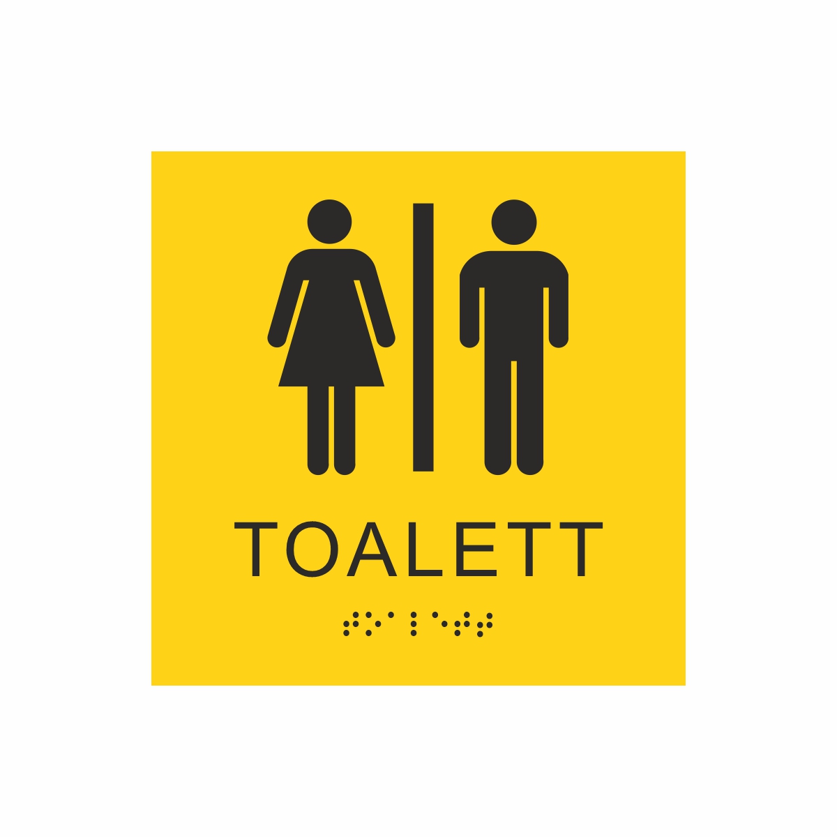 Gul och svart toalett­skylt med piktogram av en kvinna och en man separerade av ett vertikalt streck, texten toalett står under symbolerna och punktskrift längst ned