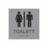 Silvergrå och svart toalett­skylt med piktogram av en kvinna och en man separerade av ett vertikalt streck, texten toalett står under symbolerna och punktskrift längst ned