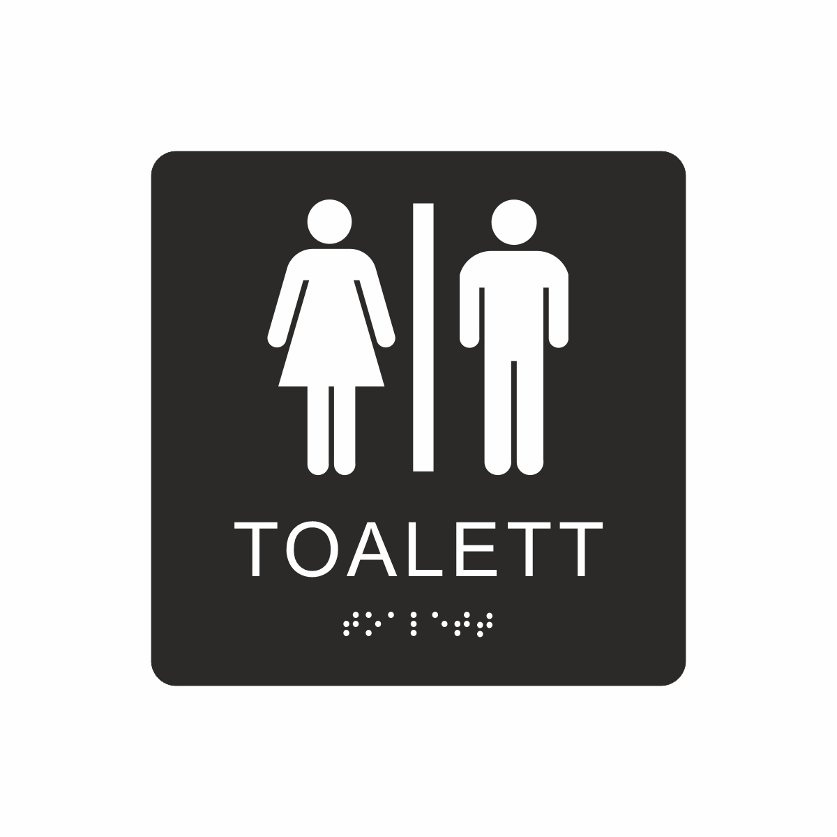 Svart och vit toalett­skylt med piktogram av en kvinna och en man separerade av ett vertikalt streck, texten toalett står under symbolerna och punktskrift längst ned