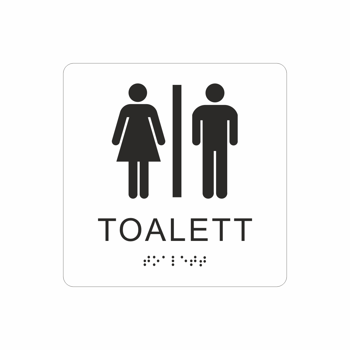 Vit och svart toalett­skylt med piktogram av en kvinna och en man separerade av ett vertikalt streck, texten toalett står under symbolerna och punktskrift längst ned