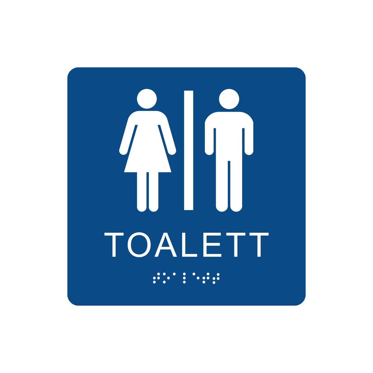 Blå och vit toalett­skylt med piktogram av en kvinna och en man separerade av ett vertikalt streck, texten toalett står under symbolerna och punktskrift längst ned