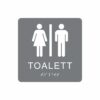 Grå och vit toalett­skylt med piktogram av en kvinna och en man separerade av ett vertikalt streck, texten toalett står under symbolerna och punktskrift längst ned
