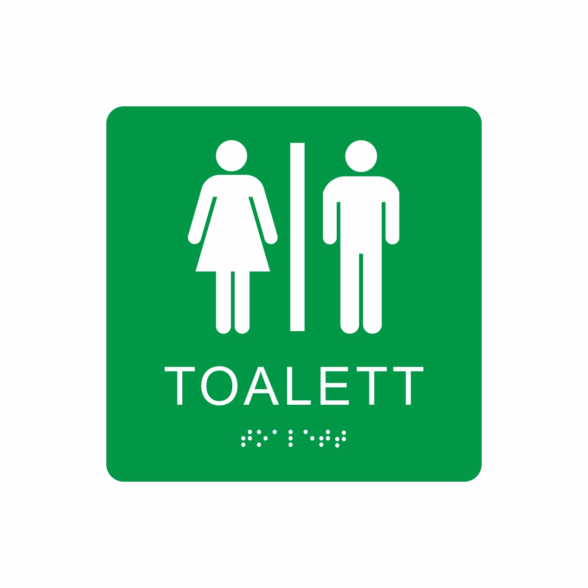 Grön och vit toalett­skylt med piktogram av en kvinna och en man separerade av ett vertikalt streck, texten toalett står under symbolerna och punktskrift längst ned