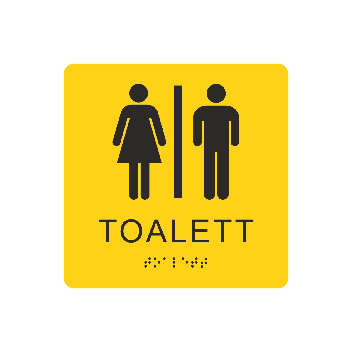Gul och svart toalett­skylt med piktogram av en kvinna och en man separerade av ett vertikalt streck, texten toalett står under symbolerna och punktskrift längst ned