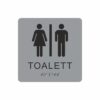 Silvergrå och svart toalett­skylt med piktogram av en kvinna och en man separerade av ett vertikalt streck, texten toalett står under symbolerna och punktskrift längst ned