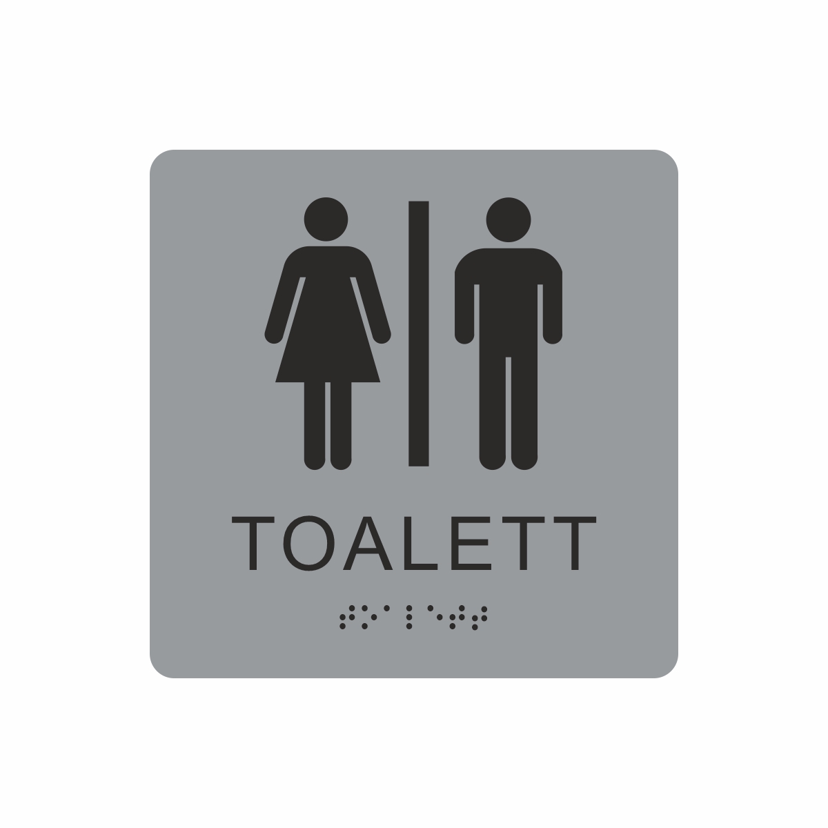 Silvergrå och svart toalett­skylt med piktogram av en kvinna och en man separerade av ett vertikalt streck, texten toalett står under symbolerna och punktskrift längst ned