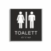 Svart och vit toalett­skylt i storlek 150 x 150 mm med en tunn aluminiumram, med piktogram av en kvinna och en man separerade av ett vertikalt streck, texten toalett står under symbolerna och punktskrift längst ned