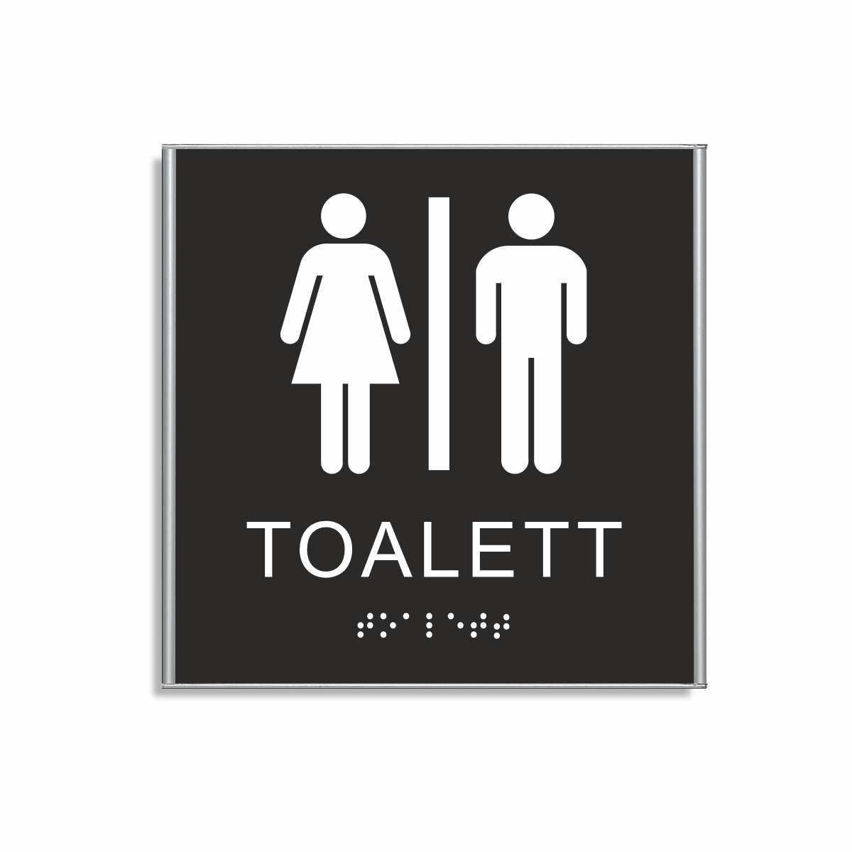 Svart och vit toalett­skylt i storlek 150 x 150 mm med en tunn aluminiumram, med piktogram av en kvinna och en man separerade av ett vertikalt streck, texten toalett står under symbolerna och punktskrift längst ned