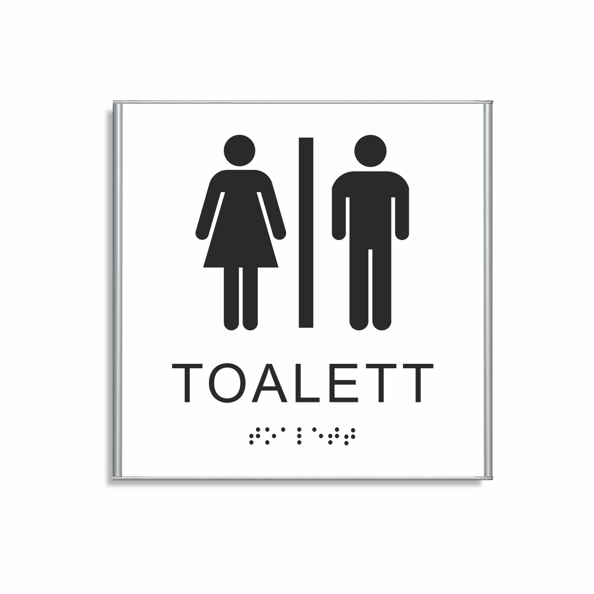 Vit och svart toalett­skylt i storlek 150 x 150 mm med en tunn aluminiumram, med piktogram av en kvinna och en man separerade av ett vertikalt streck, texten toalett står under symbolerna och punktskrift längst ned