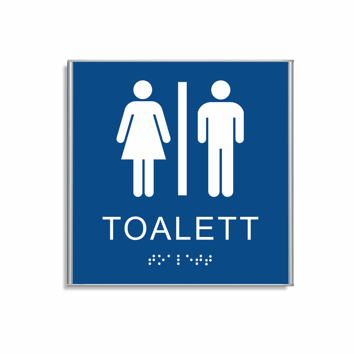 Blå och vit toalett­skylt i storlek 150 x 150 mm med en tunn aluminiumram, med piktogram av en kvinna och en man separerade av ett vertikalt streck, texten toalett står under symbolerna och punktskrift längst ned