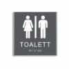 Charcoal grå och vit toalett­skylt i storlek 150 x 150 mm med en tunn aluminiumram, med piktogram av en kvinna och en man separerade av ett vertikalt streck, texten toalett står under symbolerna och punktskrift längst ned