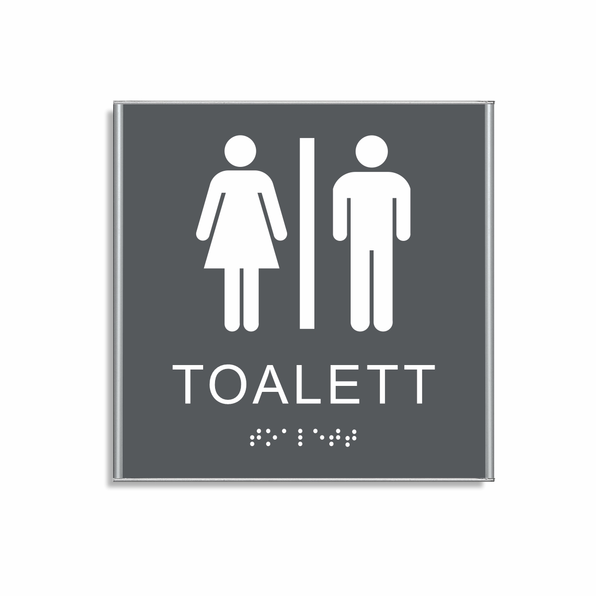 Charcoal grå och vit toalett­skylt i storlek 150 x 150 mm med en tunn aluminiumram, med piktogram av en kvinna och en man separerade av ett vertikalt streck, texten toalett står under symbolerna och punktskrift längst ned