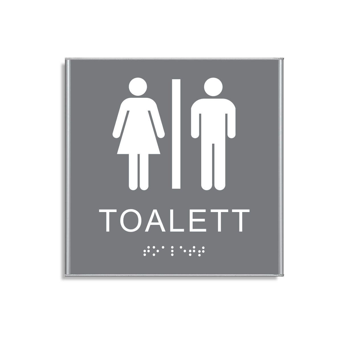 Grå och vit toalett­skylt i storlek 150 x 150 mm med en tunn aluminiumram, med piktogram av en kvinna och en man separerade av ett vertikalt streck, texten toalett står under symbolerna och punktskrift längst ned
