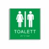 Grön och vit toalett­skylt i storlek 150 x 150 mm med en tunn aluminiumram, med piktogram av en kvinna och en man separerade av ett vertikalt streck, texten toalett står under symbolerna och punktskrift längst ned