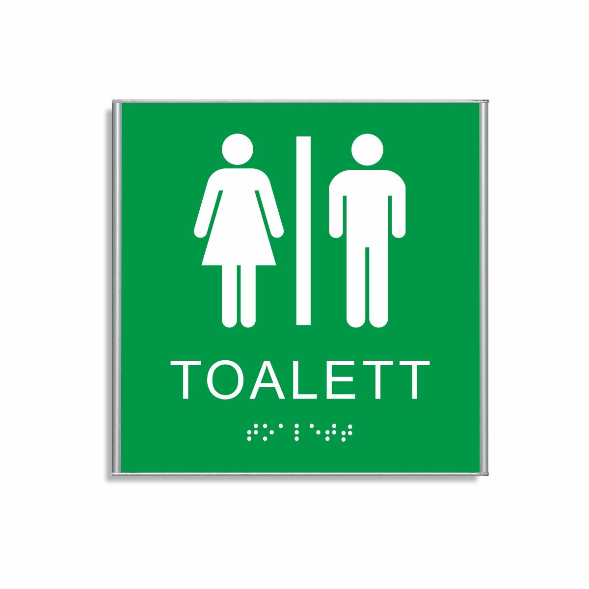 Grön och vit toalett­skylt i storlek 150 x 150 mm med en tunn aluminiumram, med piktogram av en kvinna och en man separerade av ett vertikalt streck, texten toalett står under symbolerna och punktskrift längst ned