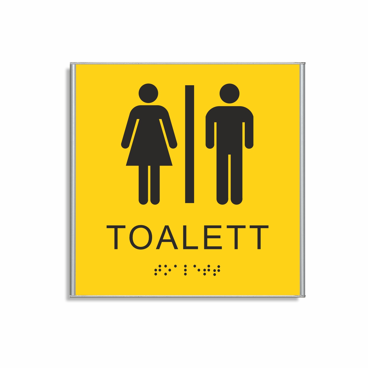 Gul och svart toalett­skylt i storlek 150 x 150 mm med en tunn aluminiumram, med piktogram av en kvinna och en man separerade av ett vertikalt streck, texten toalett står under symbolerna och punktskrift längst ned