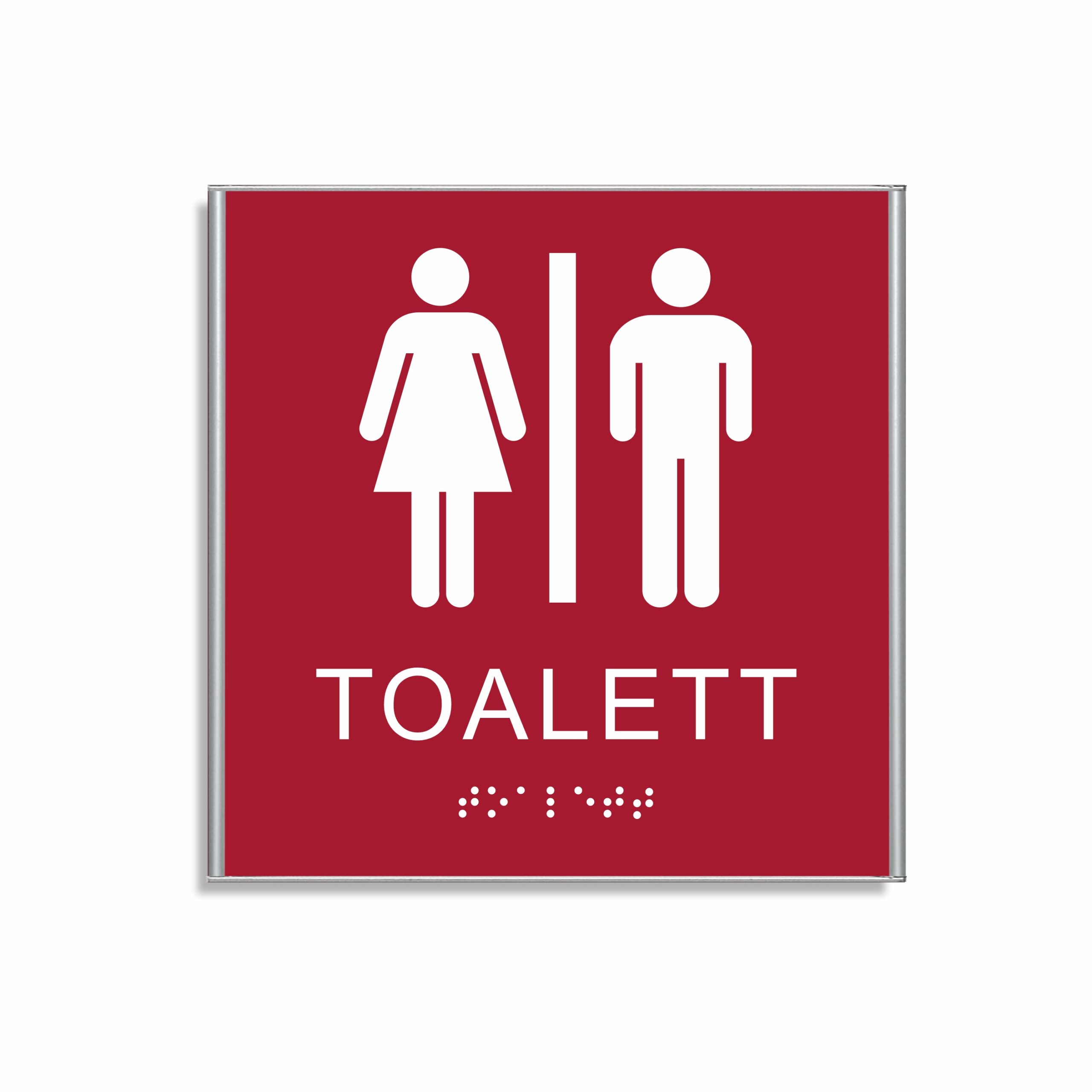 Röd och vit toalett­skylt i storlek 150 x 150 mm med en tunn aluminiumram, med piktogram av en kvinna och en man separerade av ett vertikalt streck, texten toalett står under symbolerna och punktskrift längst ned