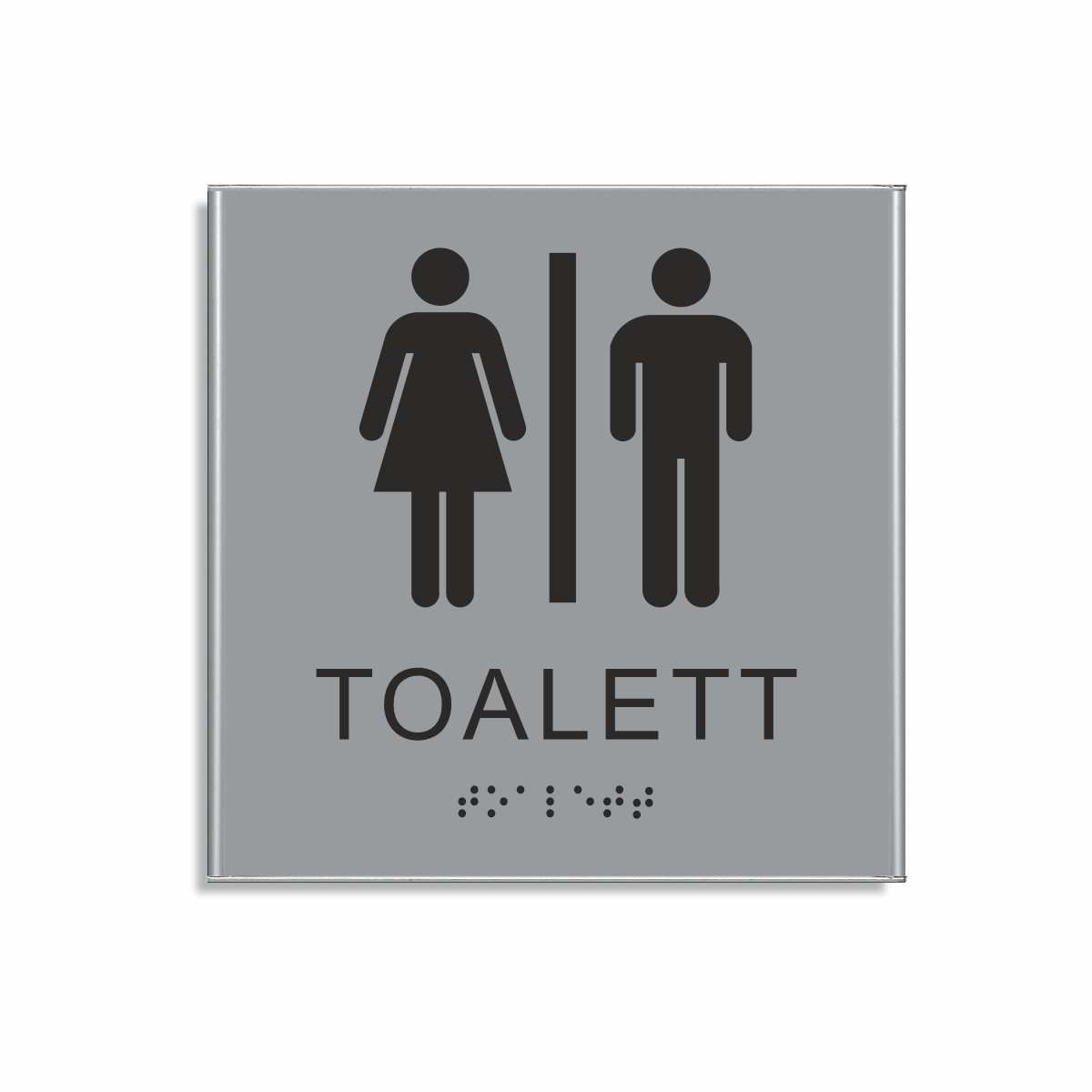 Silvergrå och svart toalett­skylt i storlek 150 x 150 mm med en tunn aluminiumram, med piktogram av en kvinna och en man separerade av ett vertikalt streck, texten toalett står under symbolerna och punktskrift längst ned