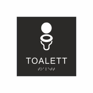 Svart och vit toalett­skylt med piktogram av en toalettstol, texten toalett står under symbolen och punktskrift längst ned