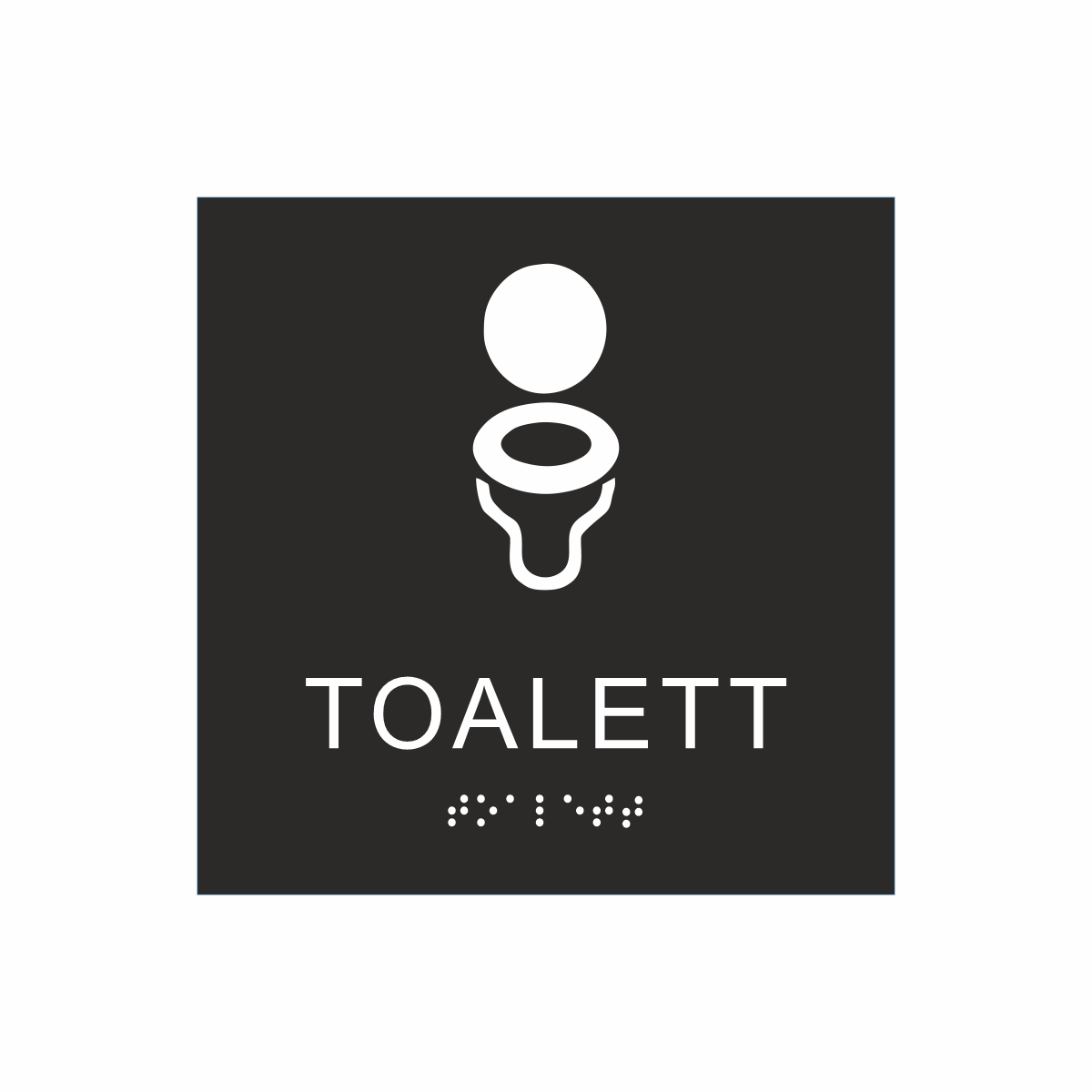 Svart och vit toalett­skylt med piktogram av en toalettstol, texten toalett står under symbolen och punktskrift längst ned