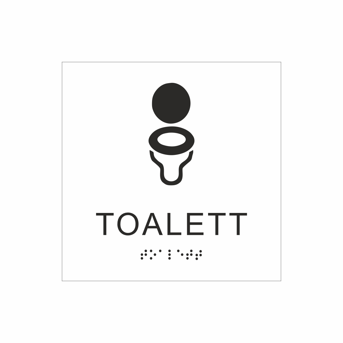 Vit och svart toalett­skylt med piktogram av en toalettstol, texten toalett står under symbolen och punktskrift längst ned