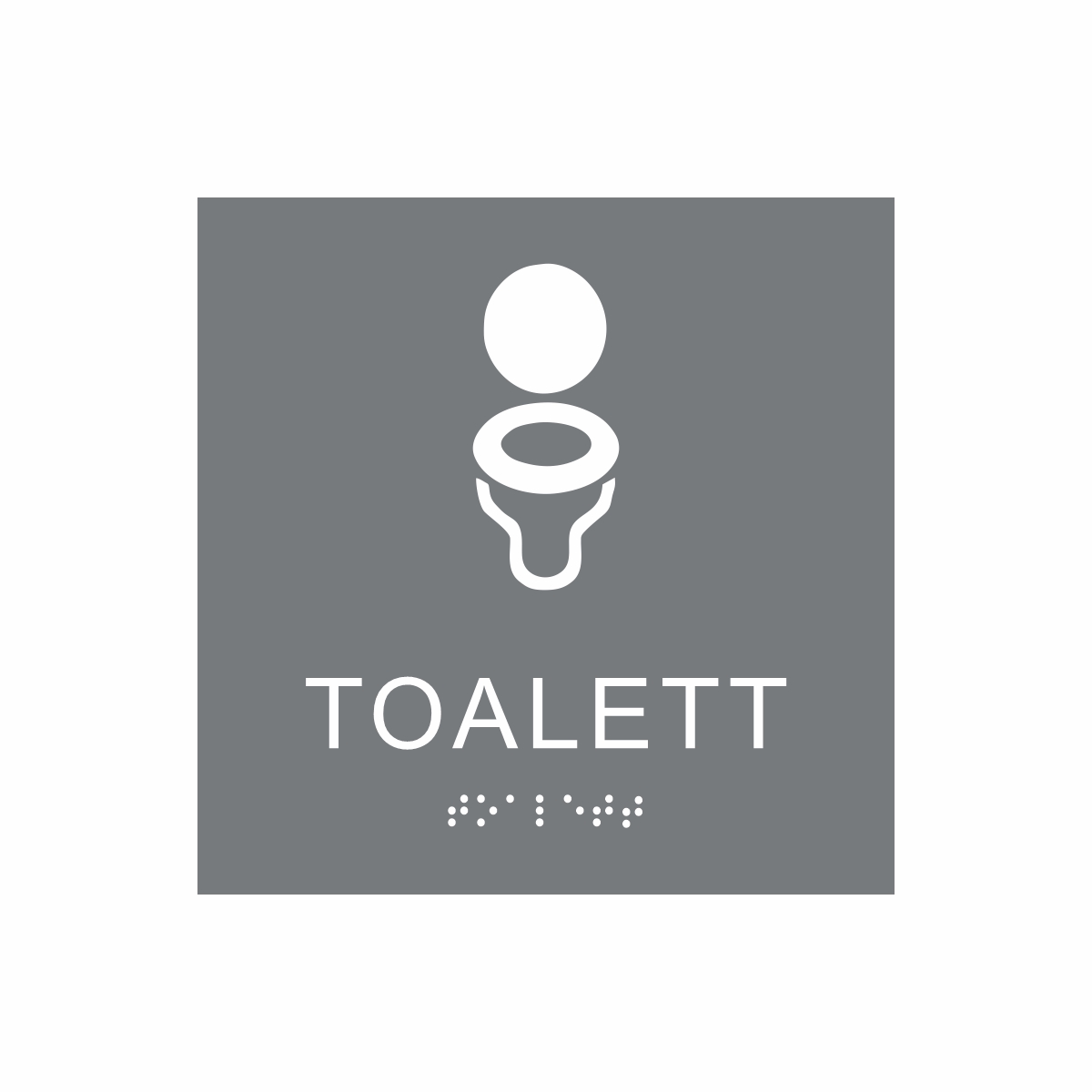 Grå och vit toalett­skylt med piktogram av en toalettstol, texten toalett står under symbolen och punktskrift längst ned