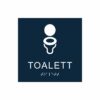 Mörkblå och vit toalett­skylt med piktogram av en toalettstol, texten toalett står under symbolen och punktskrift längst ned