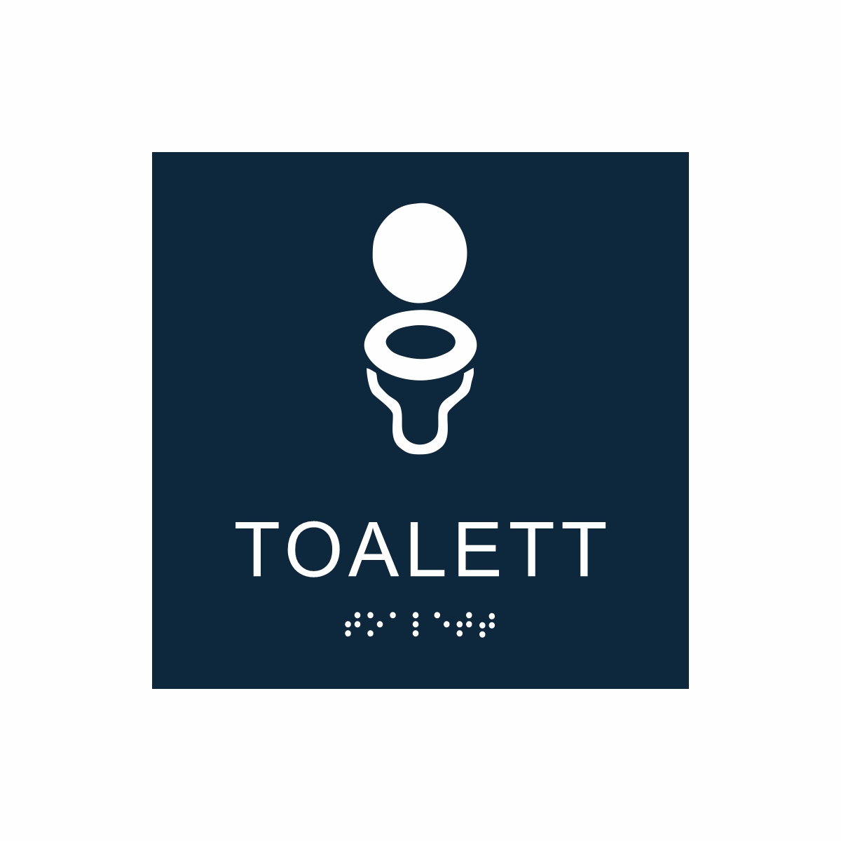 Mörkblå och vit toalett­skylt med piktogram av en toalettstol, texten toalett står under symbolen och punktskrift längst ned