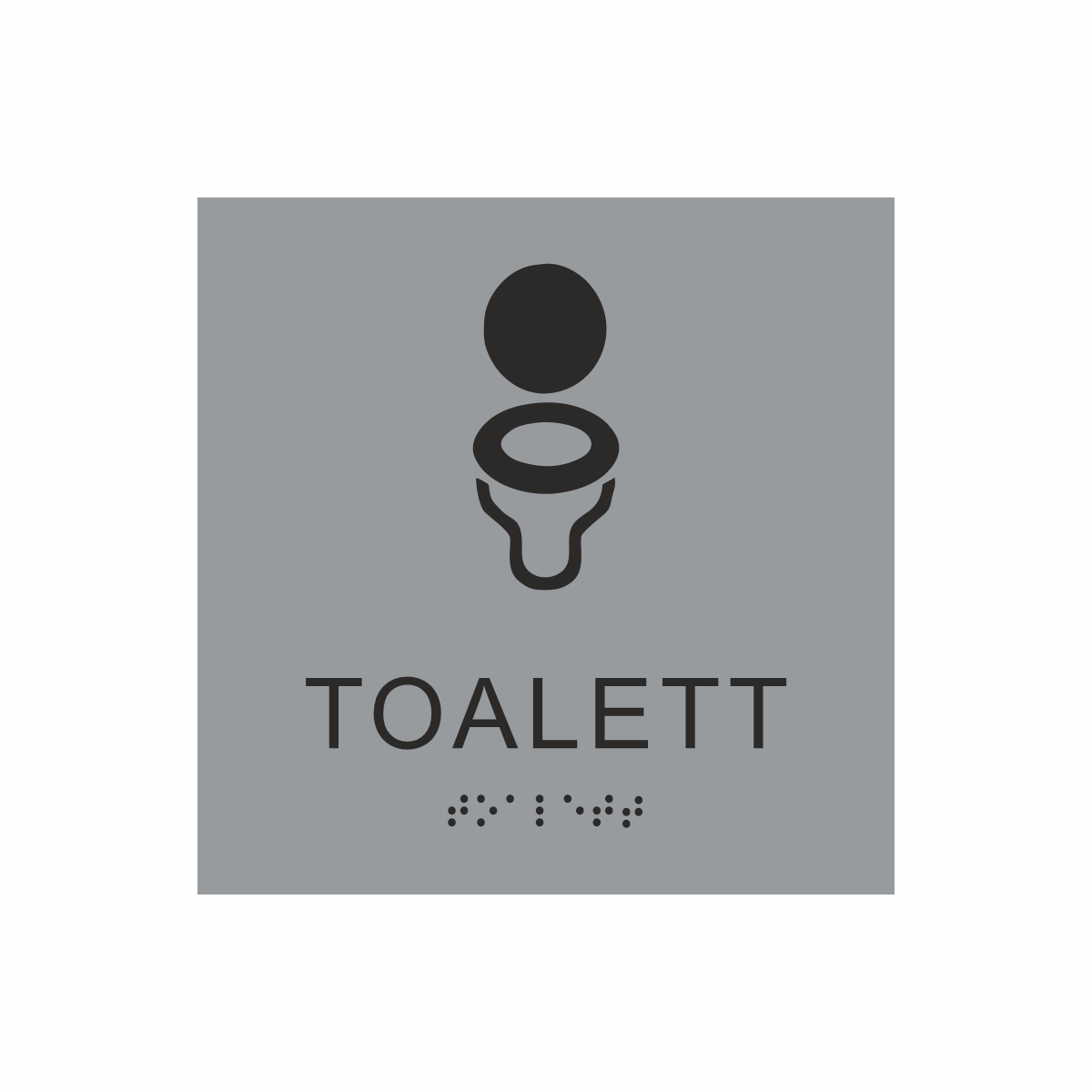 Silvergrå och svart toalett­skylt med piktogram av en toalettstol, texten toalett står under symbolen och punktskrift längst ned