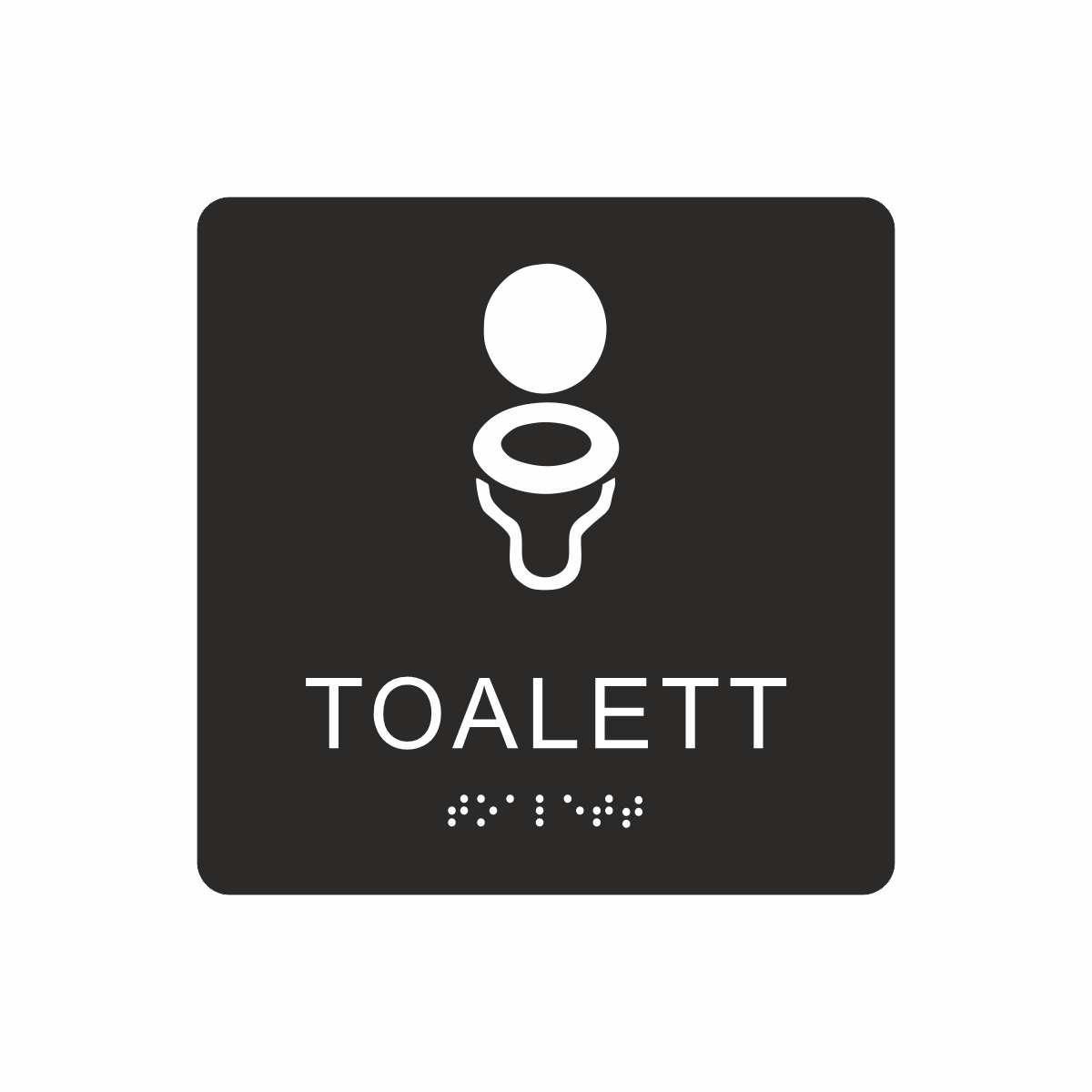 Svart och vit toalett­skylt med piktogram av en toalettstol, texten toalett står under symbolen och punktskrift längst ned