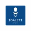 Blå och vit toalett­skylt med piktogram av en toalettstol, texten toalett står under symbolen och punktskrift längst ned