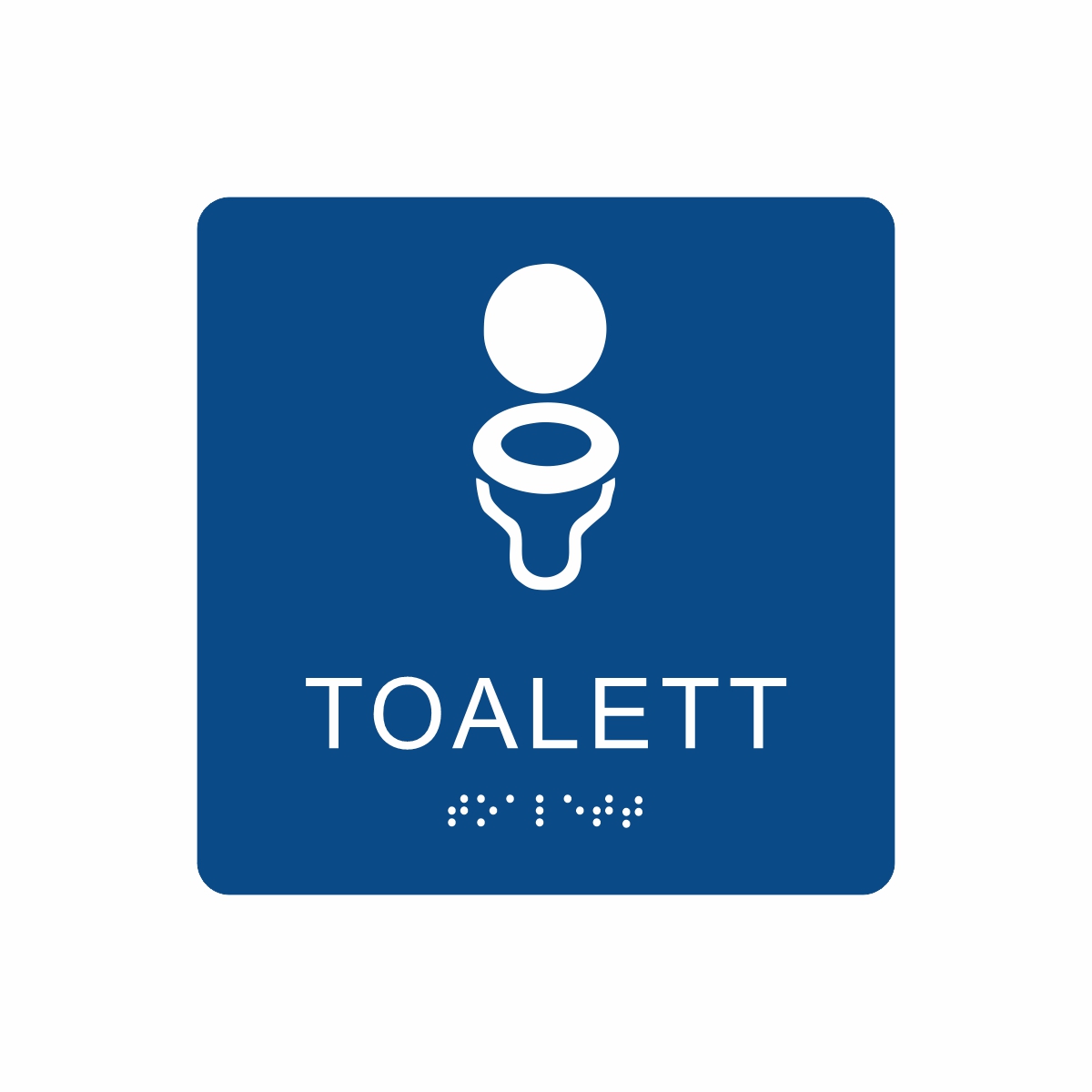 Blå och vit toalett­skylt med piktogram av en toalettstol, texten toalett står under symbolen och punktskrift längst ned