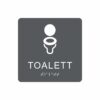 Charcoalgrå och vit toalett­skylt med piktogram av en toalettstol, texten toalett står under symbolen och punktskrift längst ned