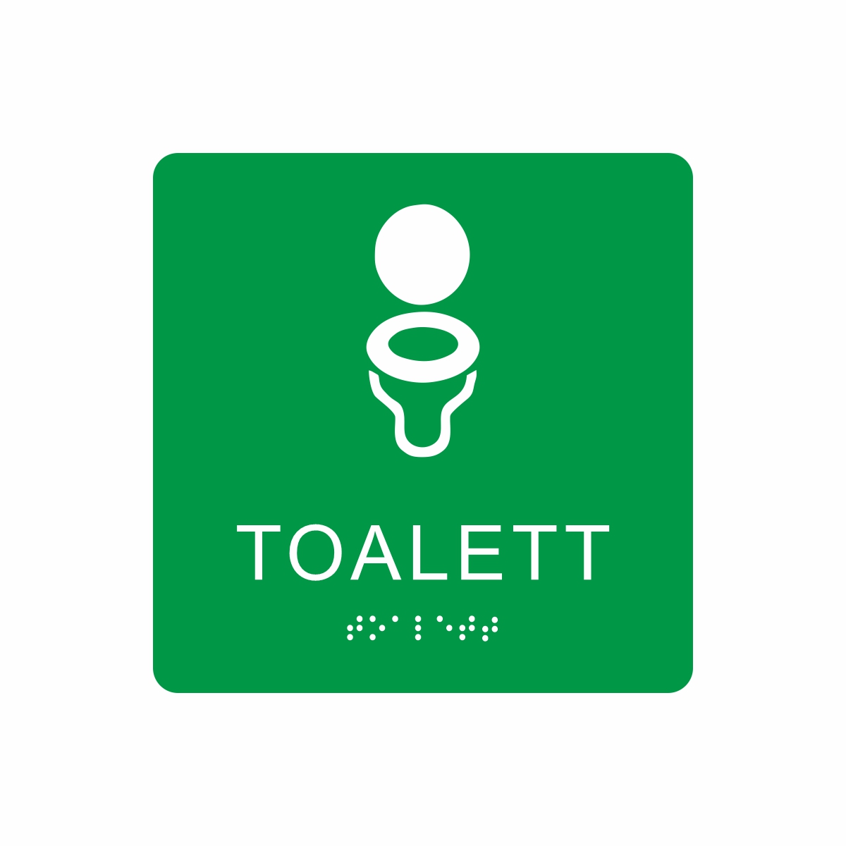 Grön och vit toalett­skylt med piktogram av en toalettstol, texten toalett står under symbolen och punktskrift längst ned