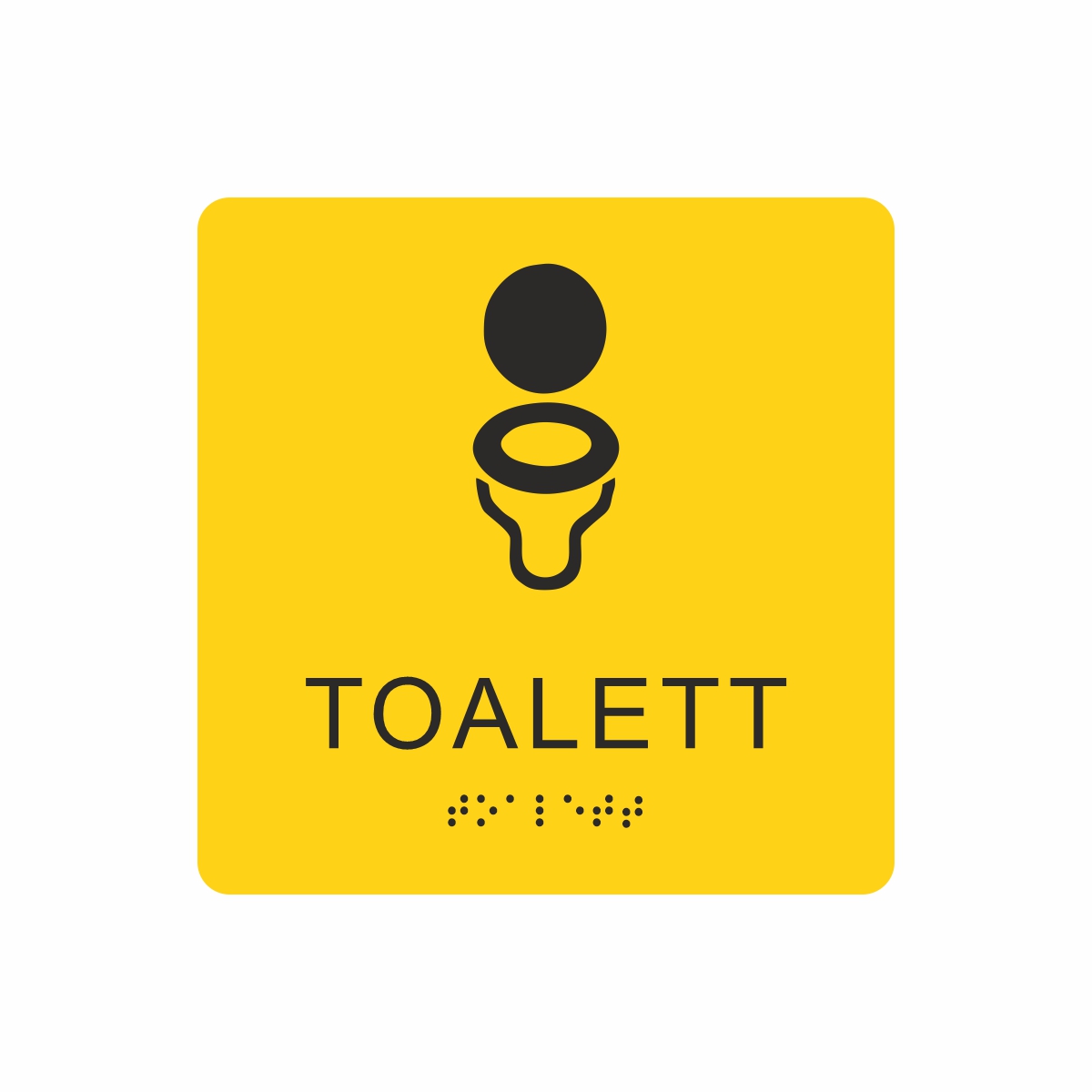 Gul och svart toalett­skylt med piktogram av en toalettstol, texten toalett står under symbolen och punktskrift längst ned