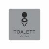 Silvergrå och svart toalett­skylt med piktogram av en toalettstol, texten toalett står under symbolen och punktskrift längst ned
